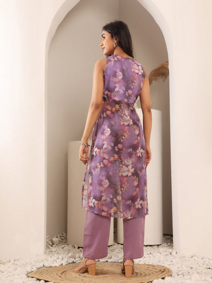 Dhiyona VA Women'sFloral Printed V-Neck Empire Straight Kurta With Trouser