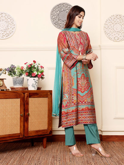Dhiyona VA Women'sEthnic Motifs Printed Chanderi Silk Kurta With Trousers And Dupatta