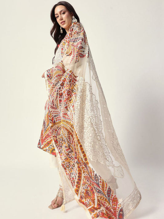 Dhiyona IS Women's Floral Yoke Design Thread Work Straight Kurta With Trousers And Dupatta
