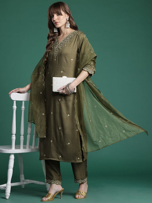 Dhiyona IE Ethnic Motifs Embroidered Kurta with Trousers & Dupatta