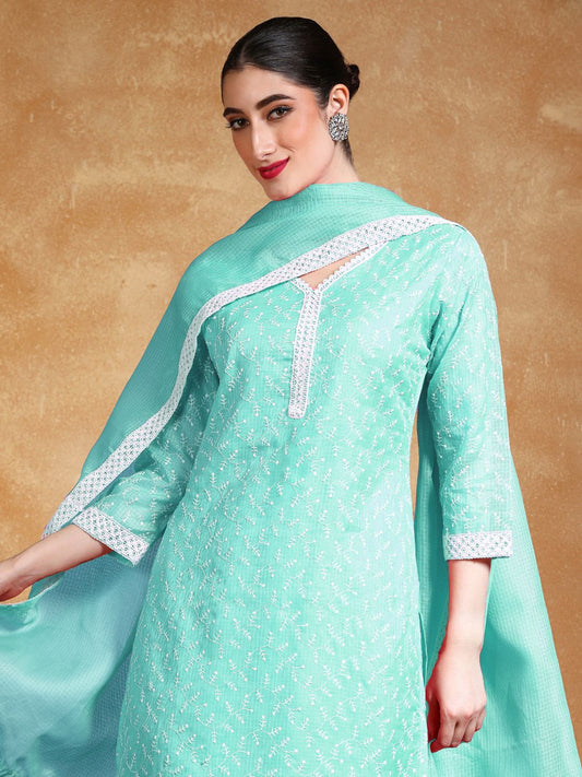 Dhiyona VA Women's Floral Embroidered Regular Thread Work Kurta with Trousers & Dupatta
