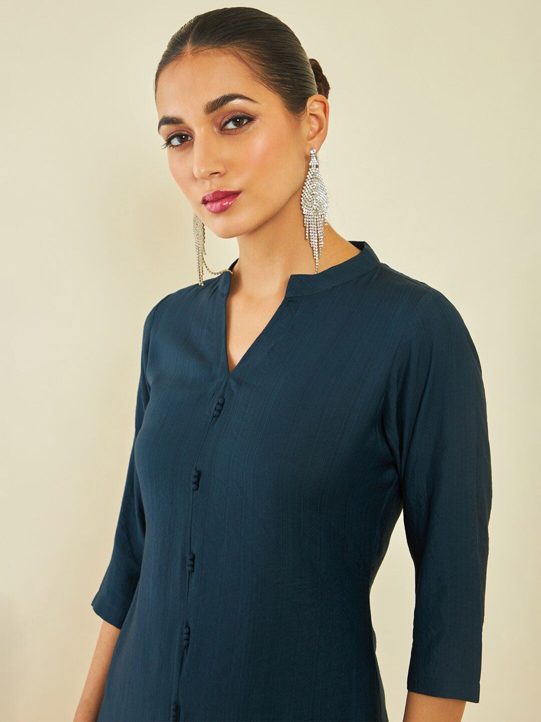 Dhiyona SO Women's Navy Blue Regular A-Line Kurta With Trousers