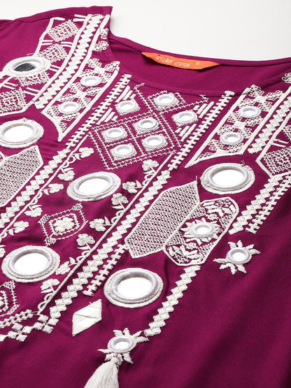 Embroidered Mirror Work Kurta With Trousers & Dupatta