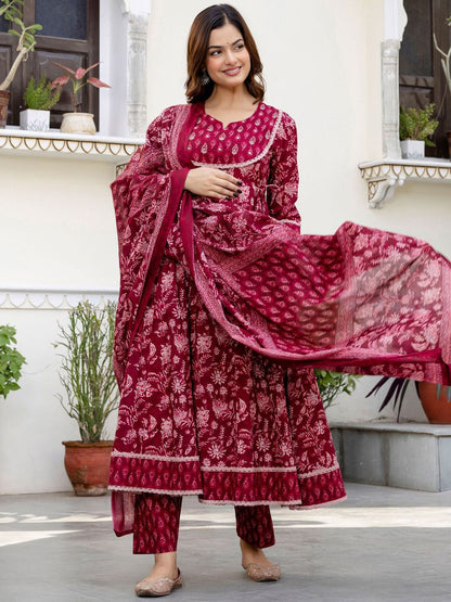 Women Ethnic Motifs Printed Pure Cotton Kurta with Trousers & With Dupatta
