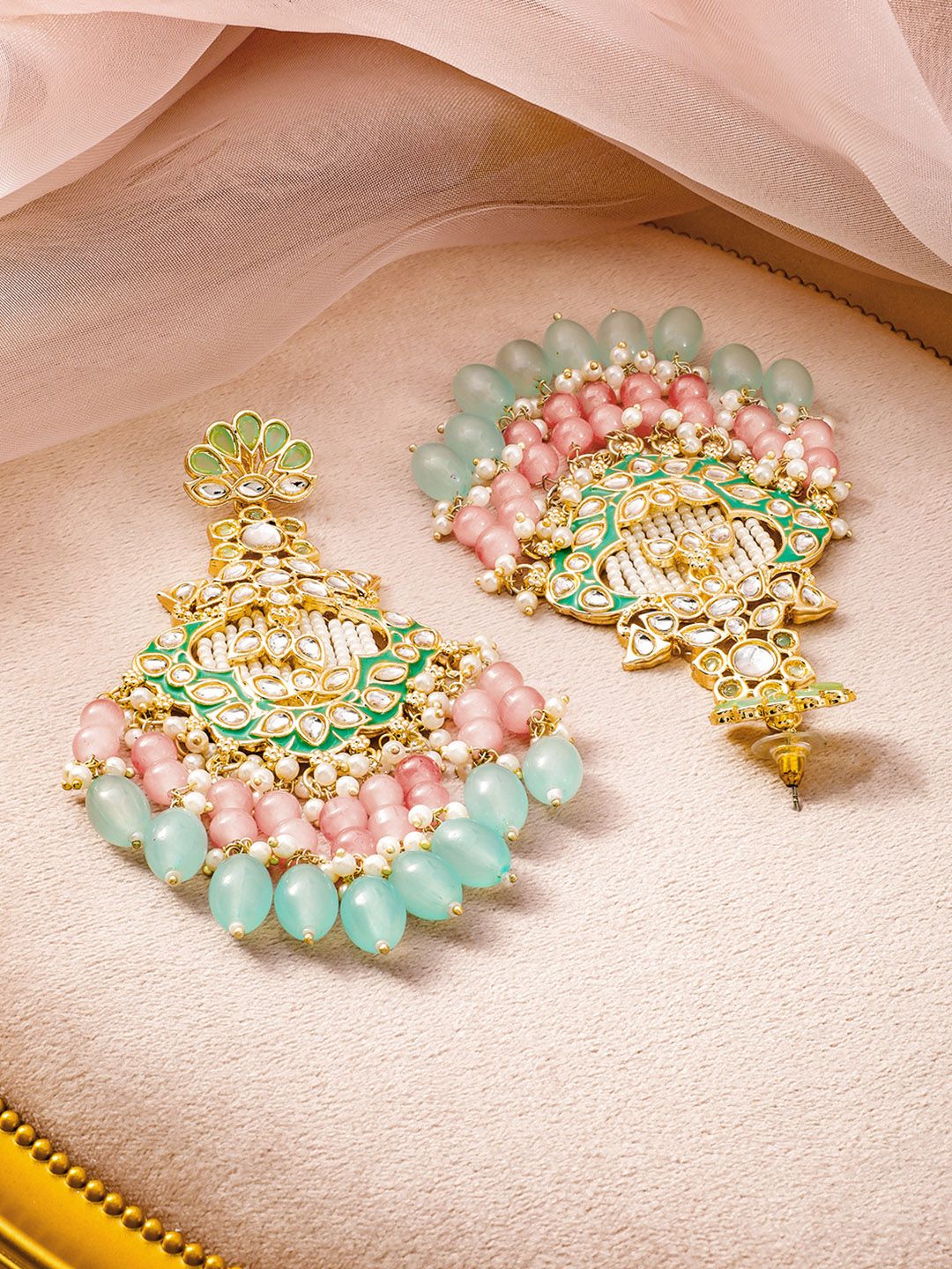 Dhiyona RJ Women's 22K Gold-Plated Kundan & Green Enamel Chandbali Earrings with Pink & Aqua Blue Bead