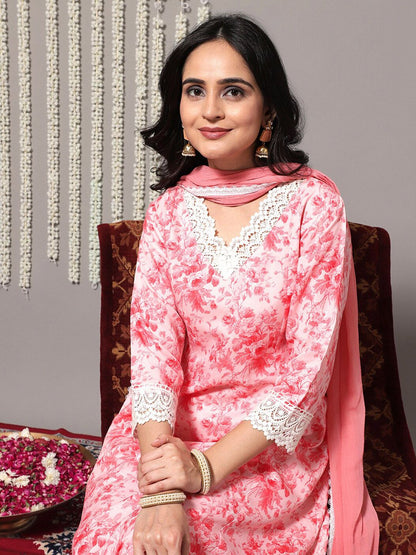 Dhiyona VA Women'sFloral Printed A-Line Kurta With Trousers & Dupatta