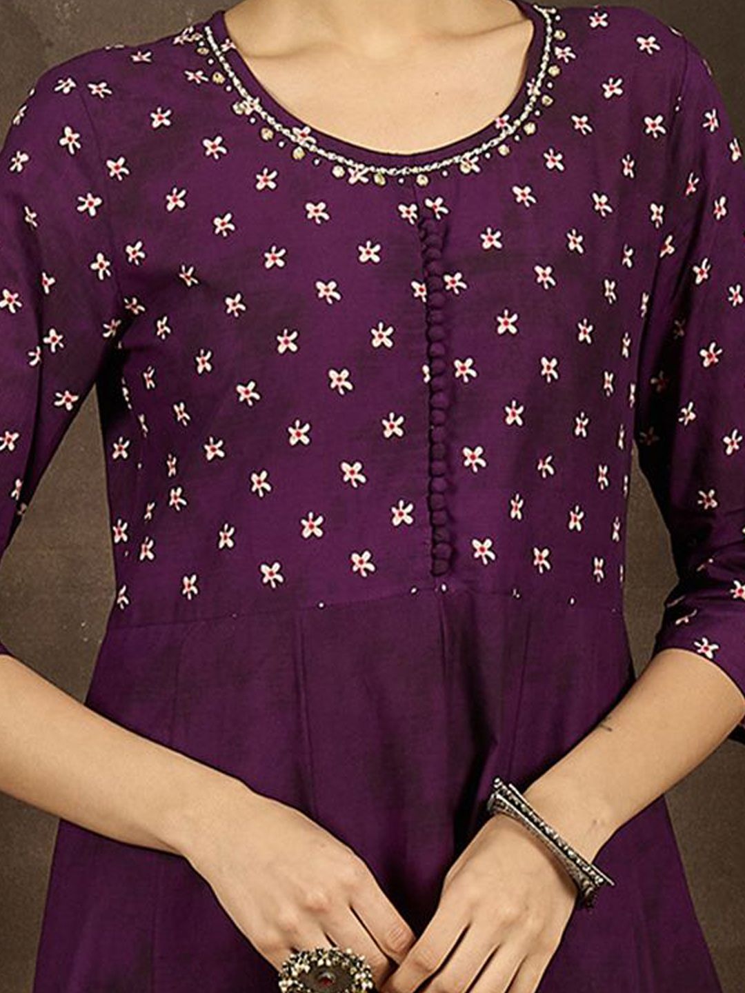 Floral Printed Pure Cotton Anarkali Kurta With Trousers & Dupatta