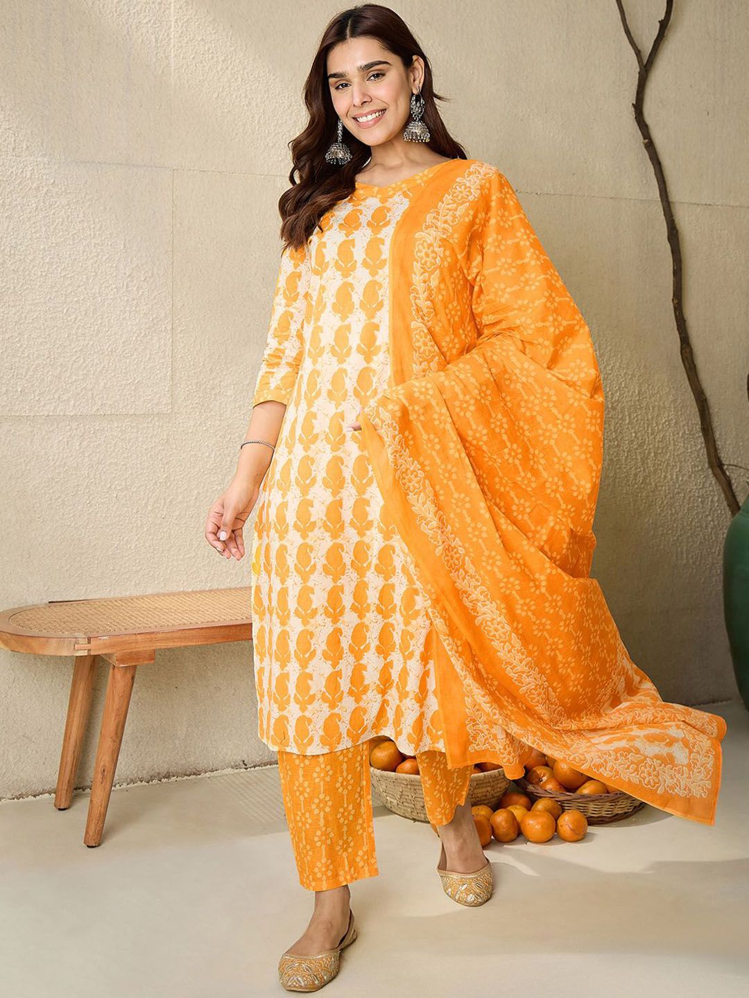 Dhiyona IE Paisley Printed V-Neck Pure Cotton Straight Kurta With Trousers And Dupatta
