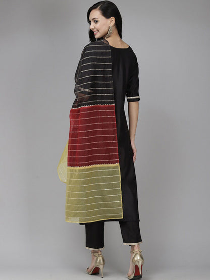 Dhiyona IE Women Round Neck Embroidered Liva Kurta & Trousers With Dupatta