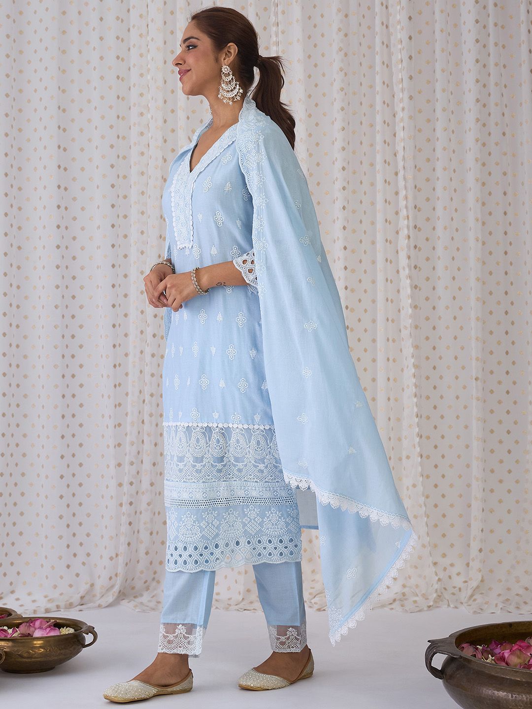 Blue Floral Embroidered Thread Work Pure Cotton Kurta With Trousers & Dupatta