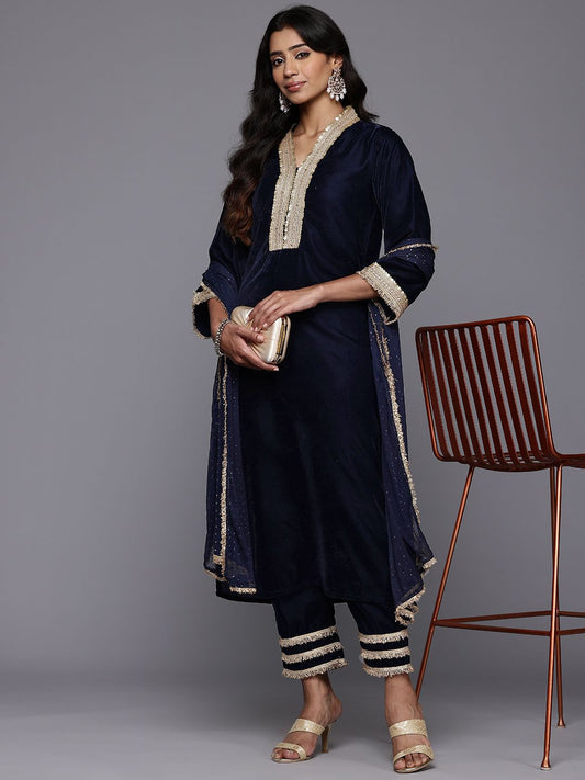 Dhiyona VA Women'sZari & Sequin Embroidered Winter Velvet Kurta with Trousers & Dupatta