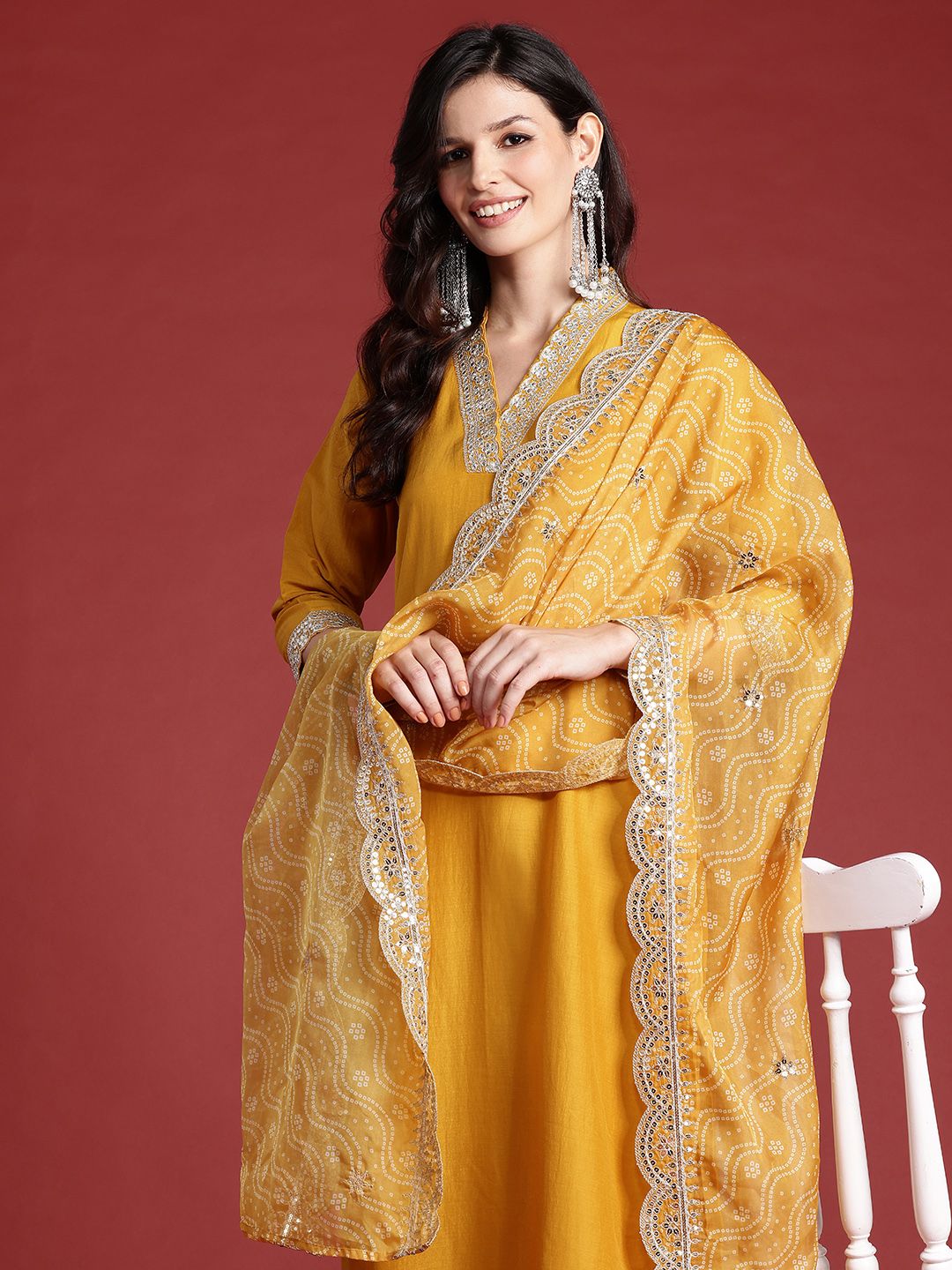 Dhiyona IE Ethnic Motifs Yoke Design Zari Kurta With Trousers & Dupatta