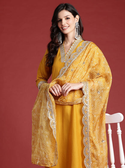Ethnic Motifs Yoke Design Zari Kurta With Trousers & Dupatta