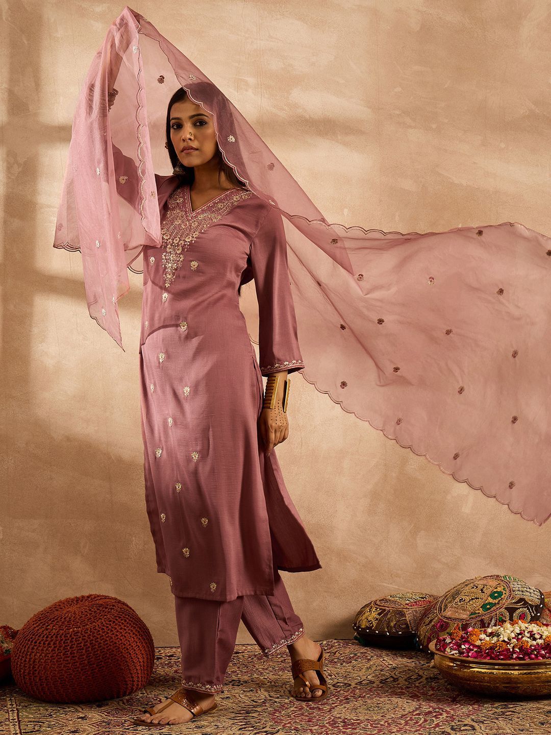 Women Ethnic Motifs Embroidered Regular Sequinned Kurta with Trousers & With Dupatta