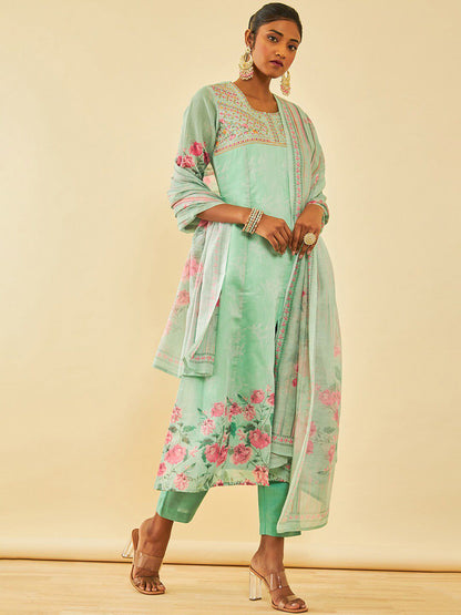 Dhiyona SO Women's Floral Printed Regular Thread Work Chanderi Silk Kurta with Trousers & Dupatta