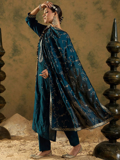 Dhiyona IE Floral Embroidered Sequinned Kurta with Trousers & Dupatta