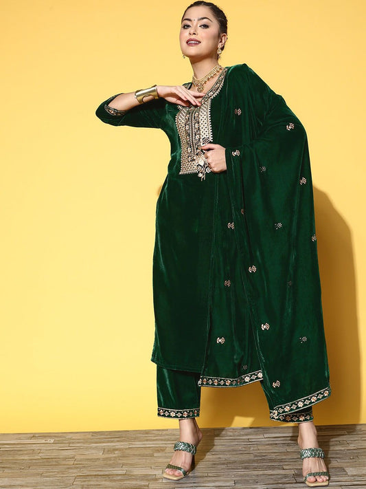 Dhiyona VA Women'sGreen & Gold-Toned Floral Embroidered Velvet Straight Kurta With Trouser & Dupatta