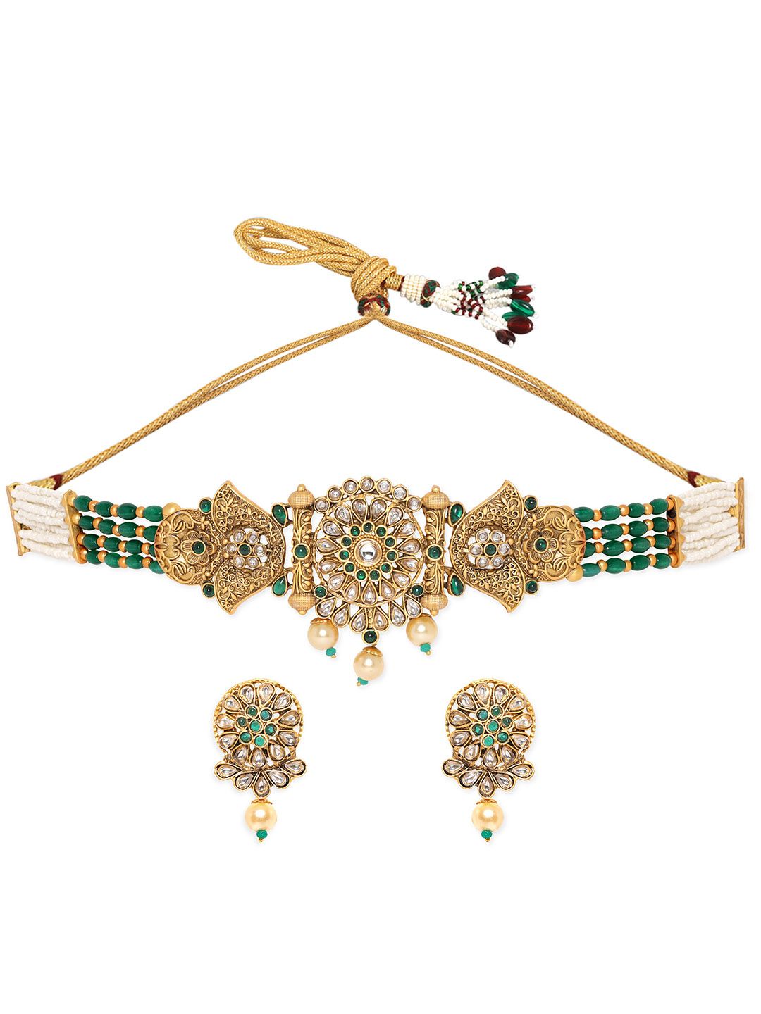 Dhiyona RJ Women's Gold-Plated Emeral & Kundan Stone-Studded & Pearl Beaded Choker Jewellery Set