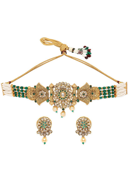 Dhiyona RJ Women's Gold-Plated Emeral & Kundan Stone-Studded & Pearl Beaded Choker Jewellery Set