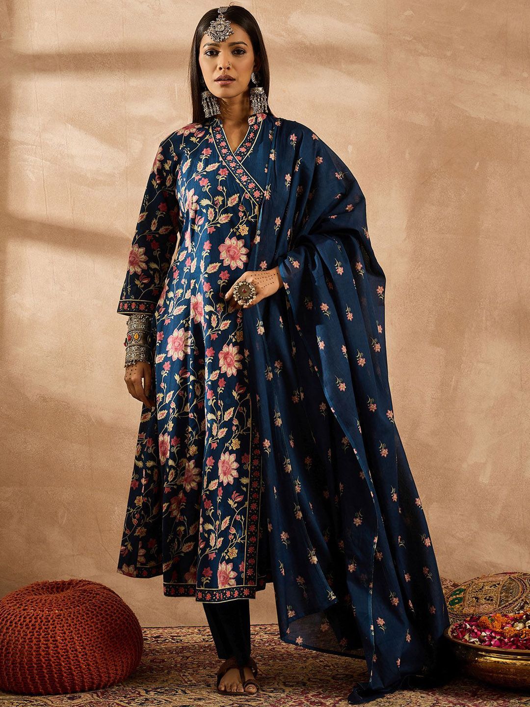 Dhiyona IE Women Floral Printed Angrakha Beads and Stones Pure Cotton Kurta with Trousers & With Dupatta