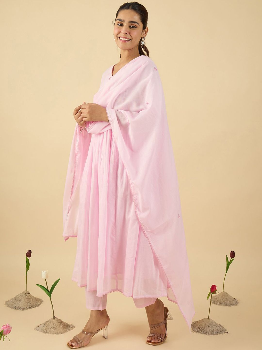 Dhiyona IE Floral Embroidered V Neck A Line Pure Cotton Kurta With Trousers & Dupatta