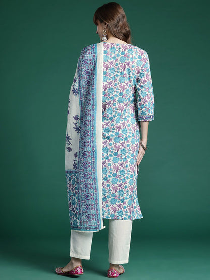 Dhiyona IE Floral Printed Regular Pure Cotton Kurta with Trousers & Dupatta