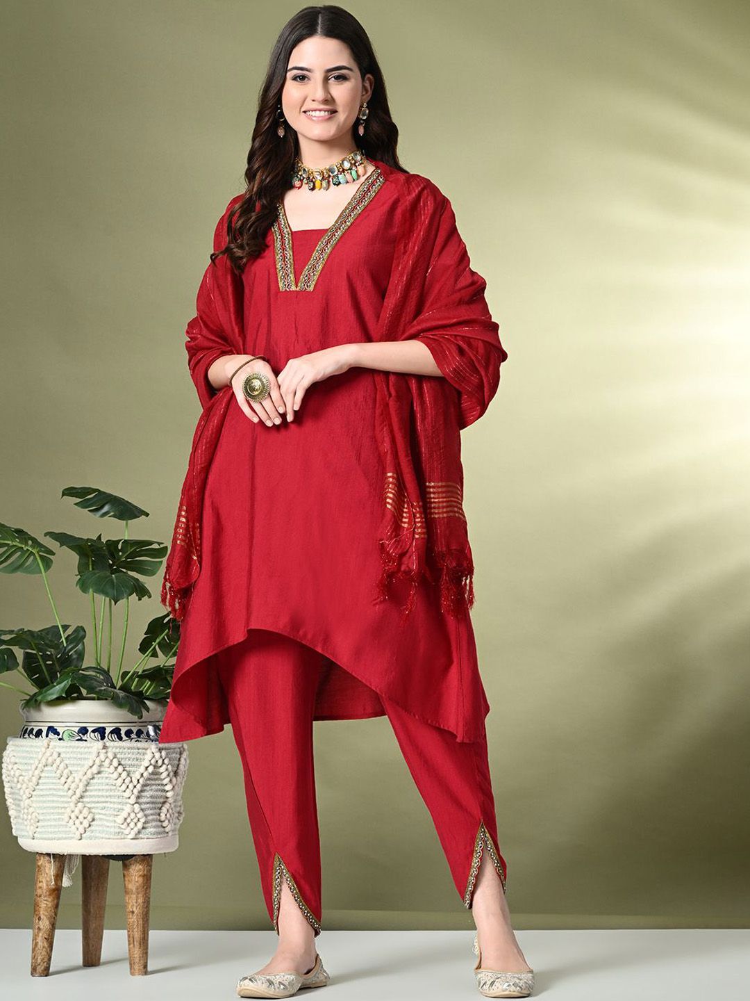 Dhiyona SN Women's Square Neck Flared Sleeves High-Low A-Line Kurta With Dhoti Pant & Dupatta