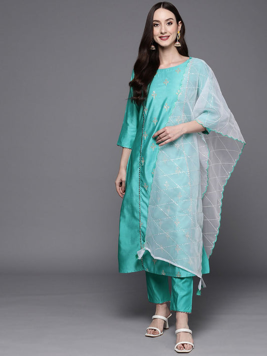 Women Sea Green Floral Embroidered Sequinned Liva Kurta with Trousers & Dupatta