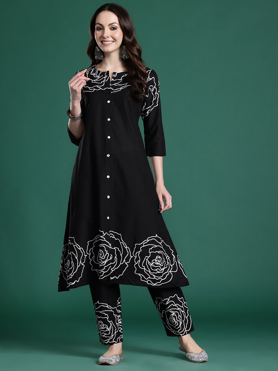 Floral Printed Mirror Work Pure Cotton Kurta with Trousers