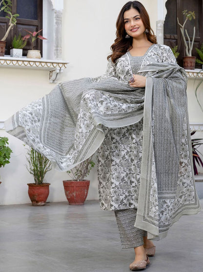 Dhiyona IE Floral Printed Square Neck Pure Cotton Straight Kurta With Trousers & Dupatta