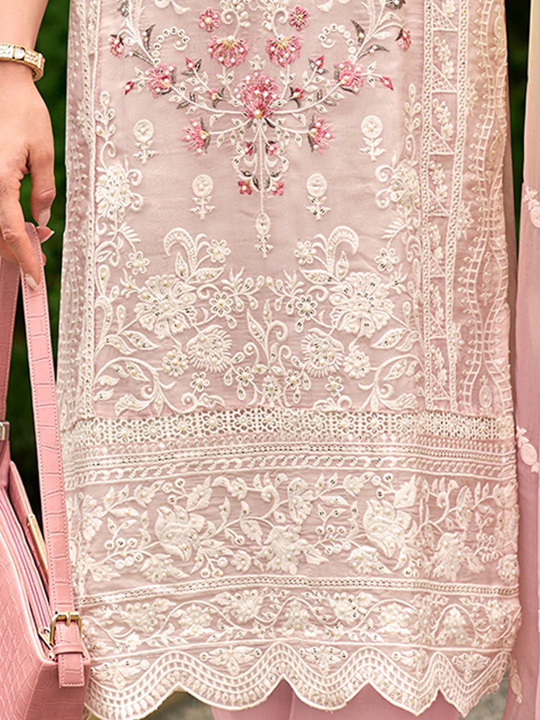 Floral Embroidered Sequinned Straight Organza Kurta With Trousers And Dupatta