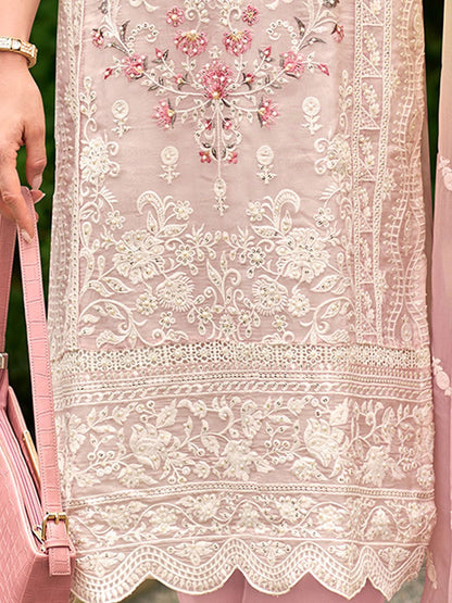 Floral Embroidered Sequinned Straight Organza Kurta With Trousers And Dupatta