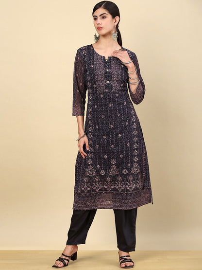 Dhiyona SO Women's Black Ethnic Motifs Printed Thread Work Kurta with Trousers