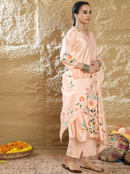 Women Floral Printed Regular Thread Work Kurta with Trousers & Dupatta