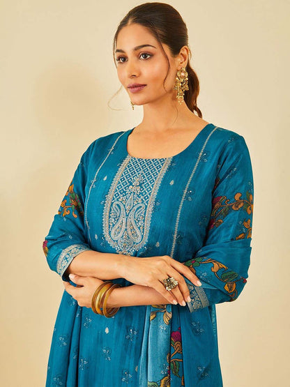 Dhiyona SO Women's Women Floral Printed Regular Zardozi Kurta with Trousers & With Dupatta