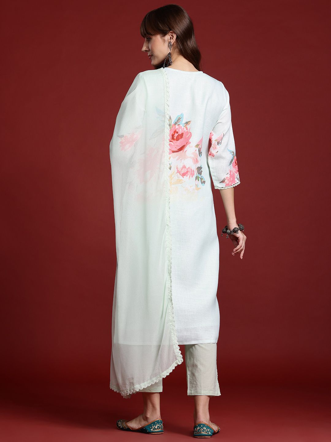 Floral Printed Linen Kurta With Trousers & Dupatta