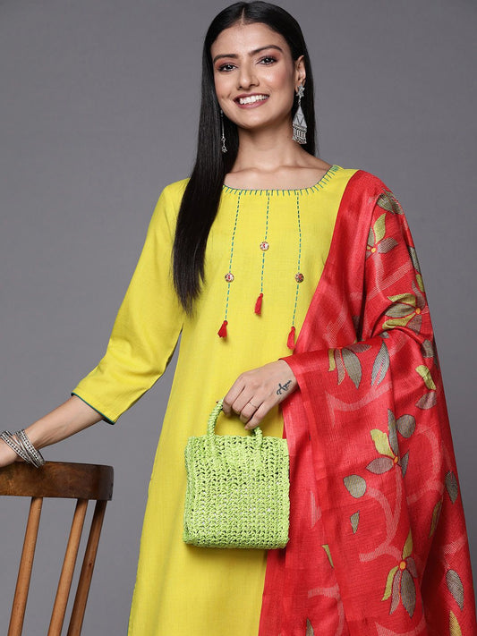 Dhiyona VA Women's Lime Green Yoke Design Thread Work Kurta with Trousers & Dupatta