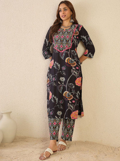 Floral Printed Notch Neck Pure Cotton Straight Kurta With Trousers