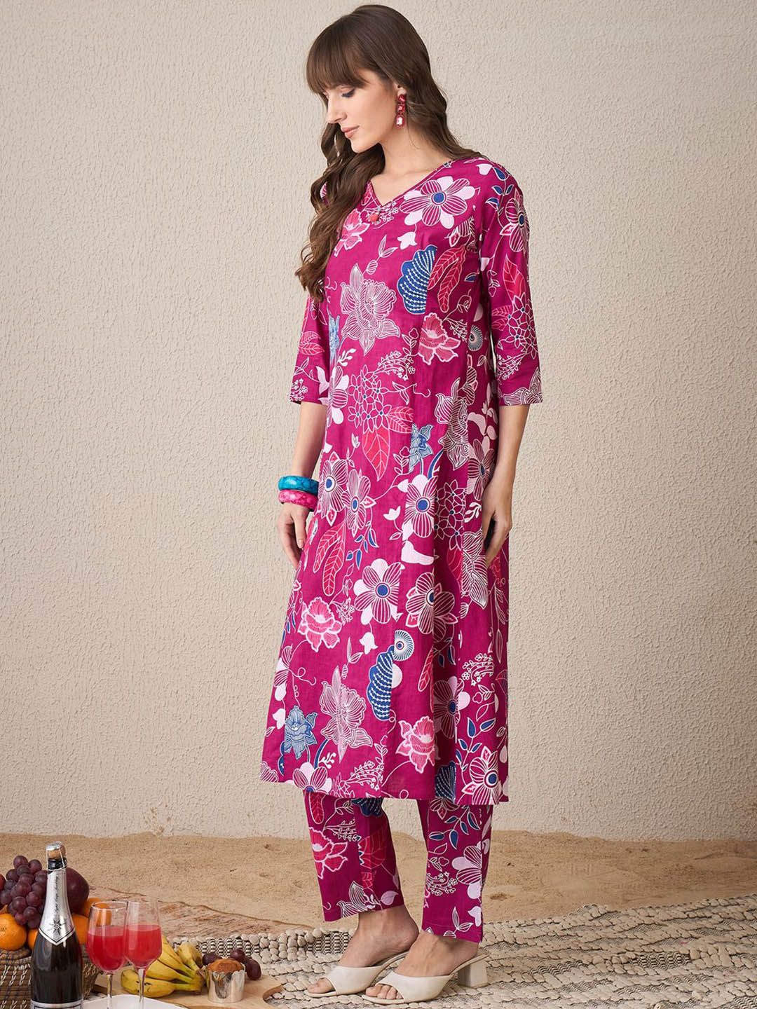 Women Floral Printed Regular Pure Cotton Kurta with Trousers
