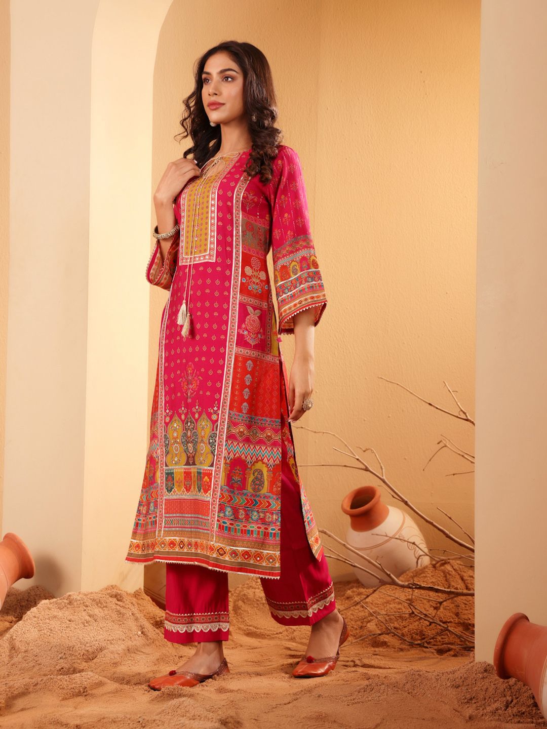 Dhiyona VA Women'sEthnic Motifs Printed Sequinned Chanderi Silk Kurta with Trousers And Dupatta
