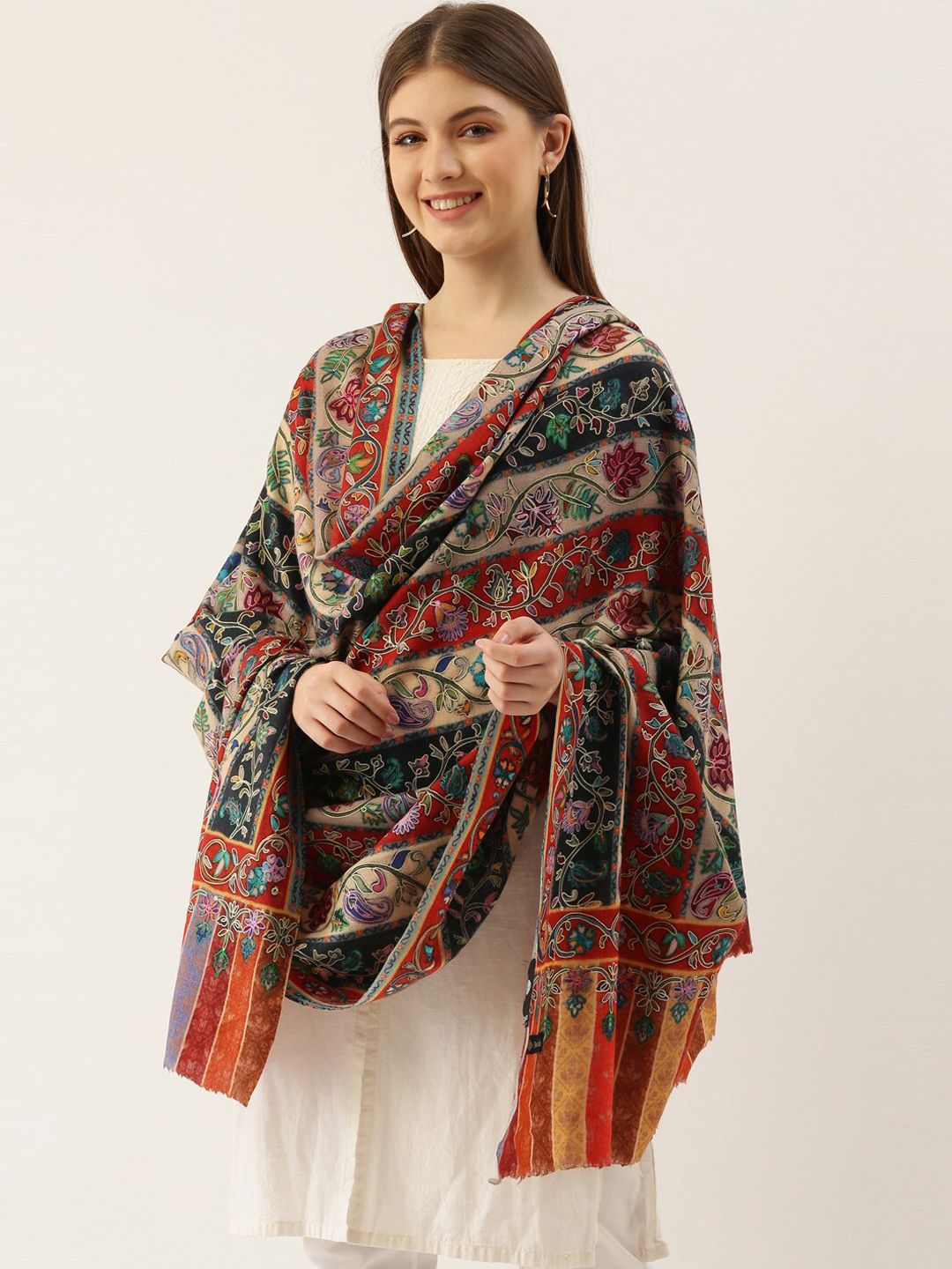 Dhiyona PA Women Multicoloured Embroidered Woolen Shawl