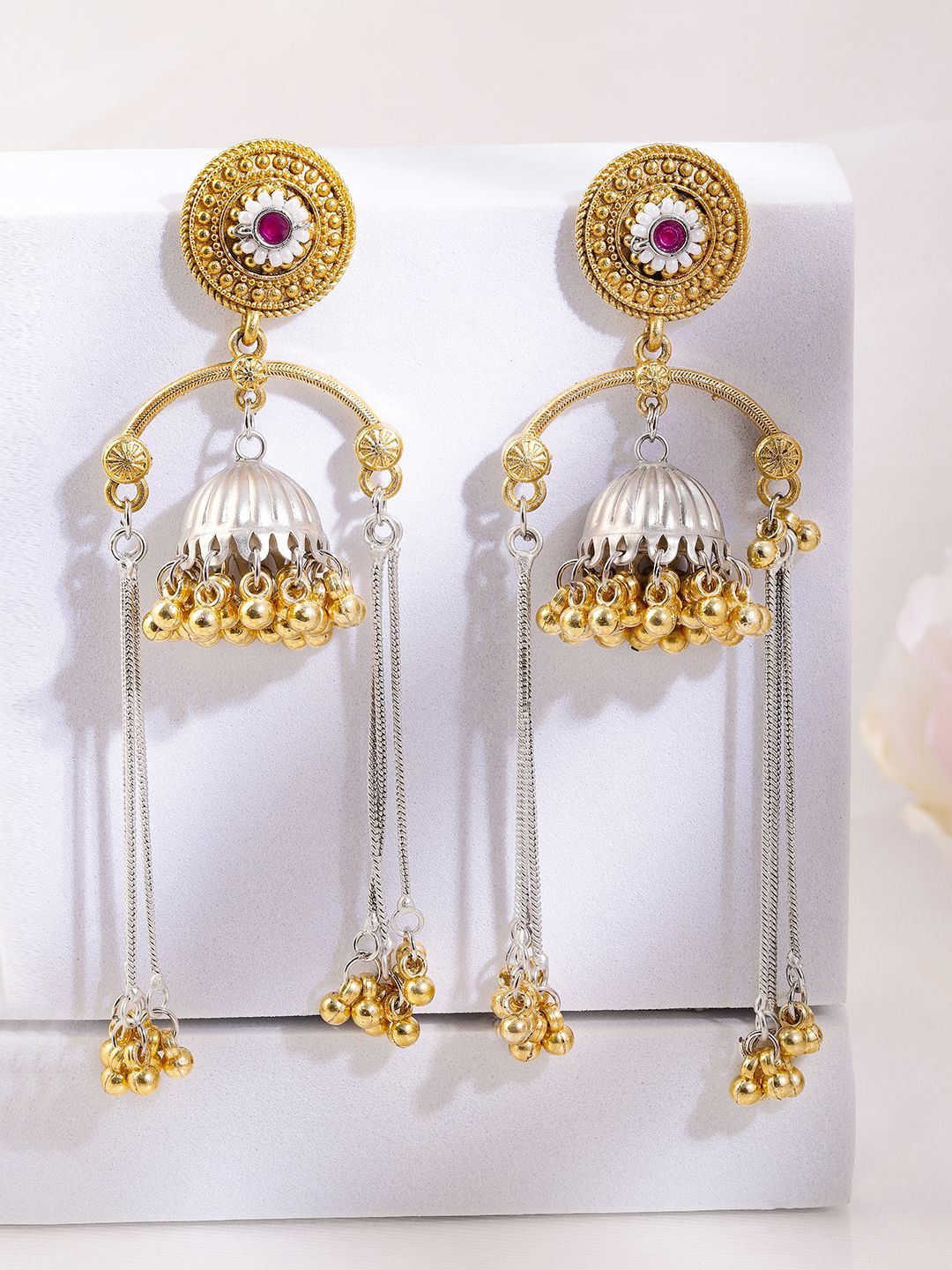 Dhiyona RJ Women's Dual-Tone Oxidised Silver-Plated Gold Beaded Dome Jhumka with Ruby & Chain Dangles