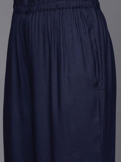 Dhiyona VA Women's Navy Blue Yoke Design Thread Work Pure Cotton Kurta with Trousers