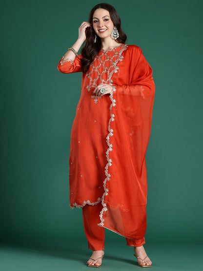 Dhiyona IE Floral Embroidered Kurta with Trousers & With Dupatta
