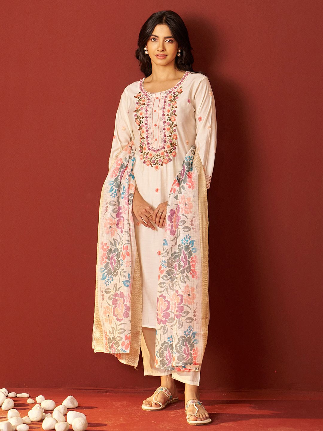 Floral Embroidered Thread Work Kurta With Trousers & Dupatta