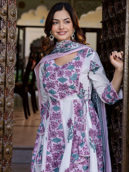 Dhiyona IE Floral Printed Empire Pure Cotton Anarkali Kurta With Trouser & Dupatta