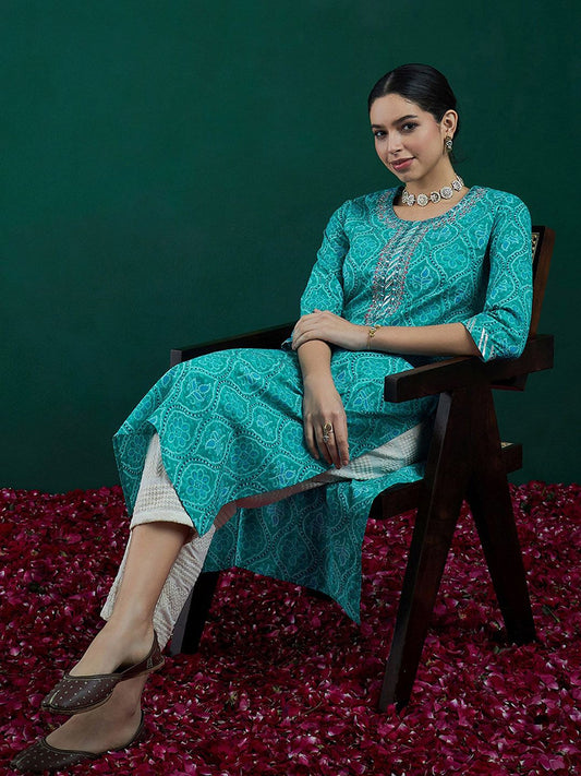 Dhiyona IE Ethnic Motifs Printed Thread Work Cotton Straight Kurta
