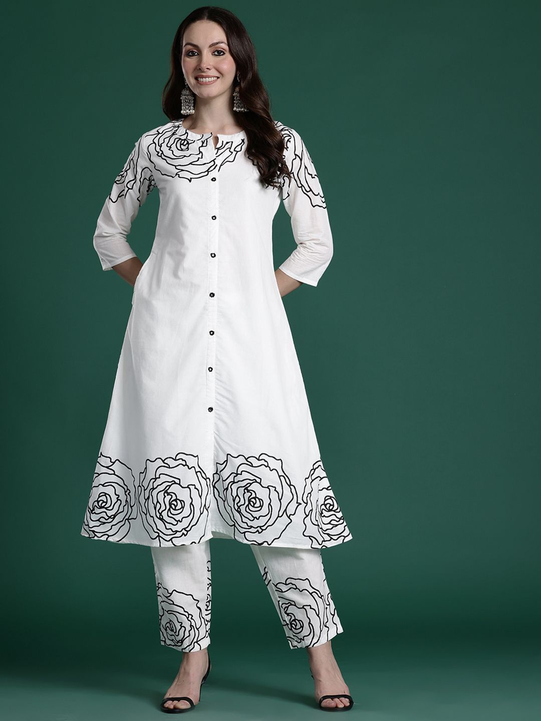 Dhiyona IE Floral Printed Mirror Work Pure Cotton Kurta with Trousers