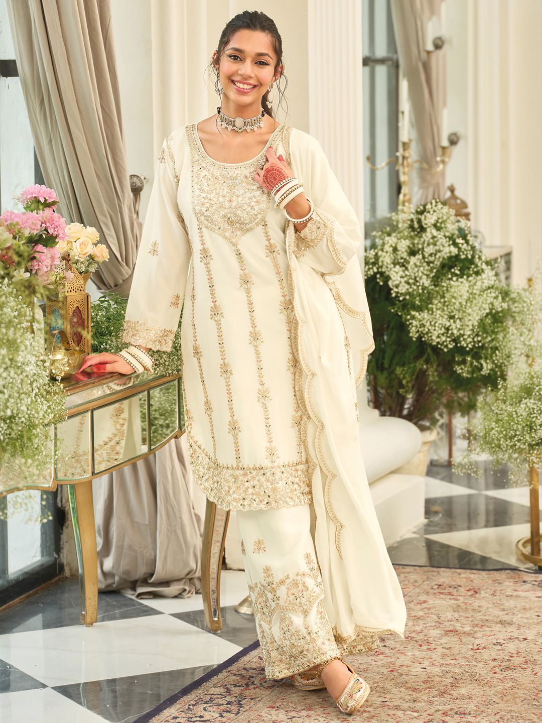 Women Ethnic Motifs Embroidered Mirror Work Kurta with Palazzos & Dupatta