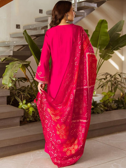 Women Bandhani Embroidered Kurta with Palazzos & Dupatta